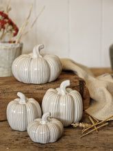 Load image into Gallery viewer, Ribbed Satin White Ceramic Pumpkins - Four Sizes