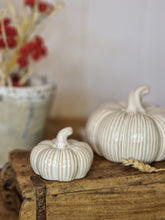Load image into Gallery viewer, Ribbed Satin White Ceramic Pumpkins - Four Sizes