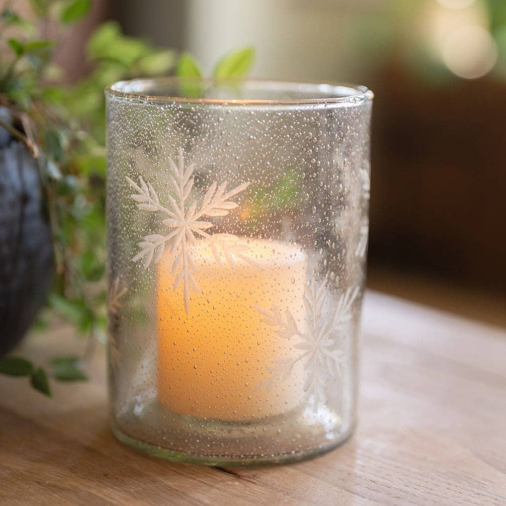 Etched Snowflake Glass Tealight Holder