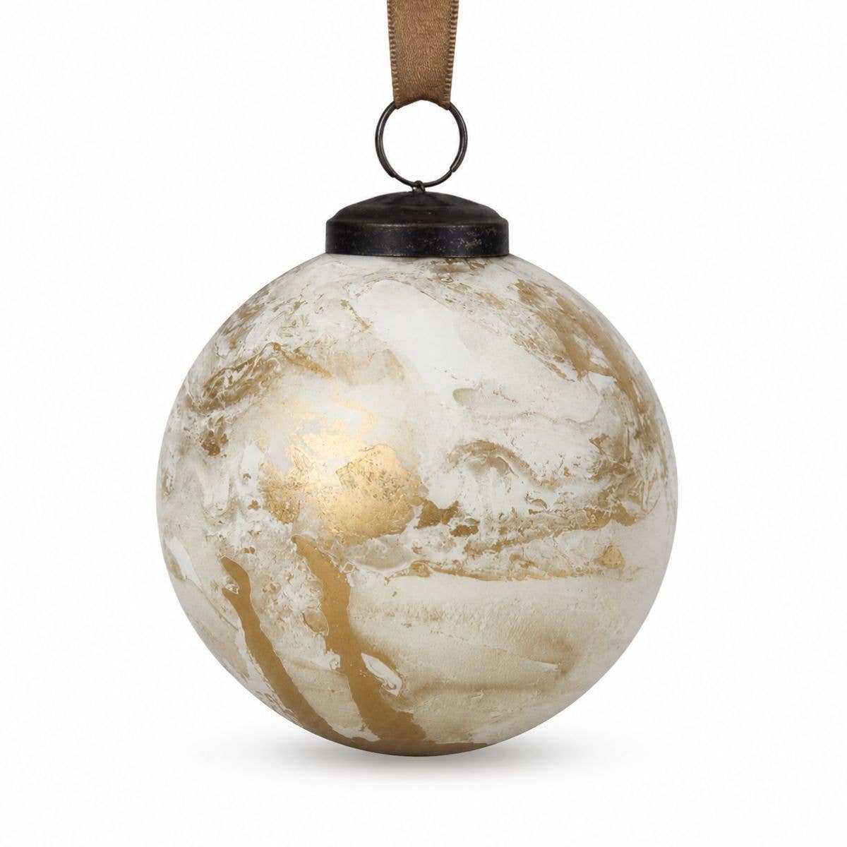 4" Vintage Marbled Glass Christmas Bauble – Ivory & Gold
