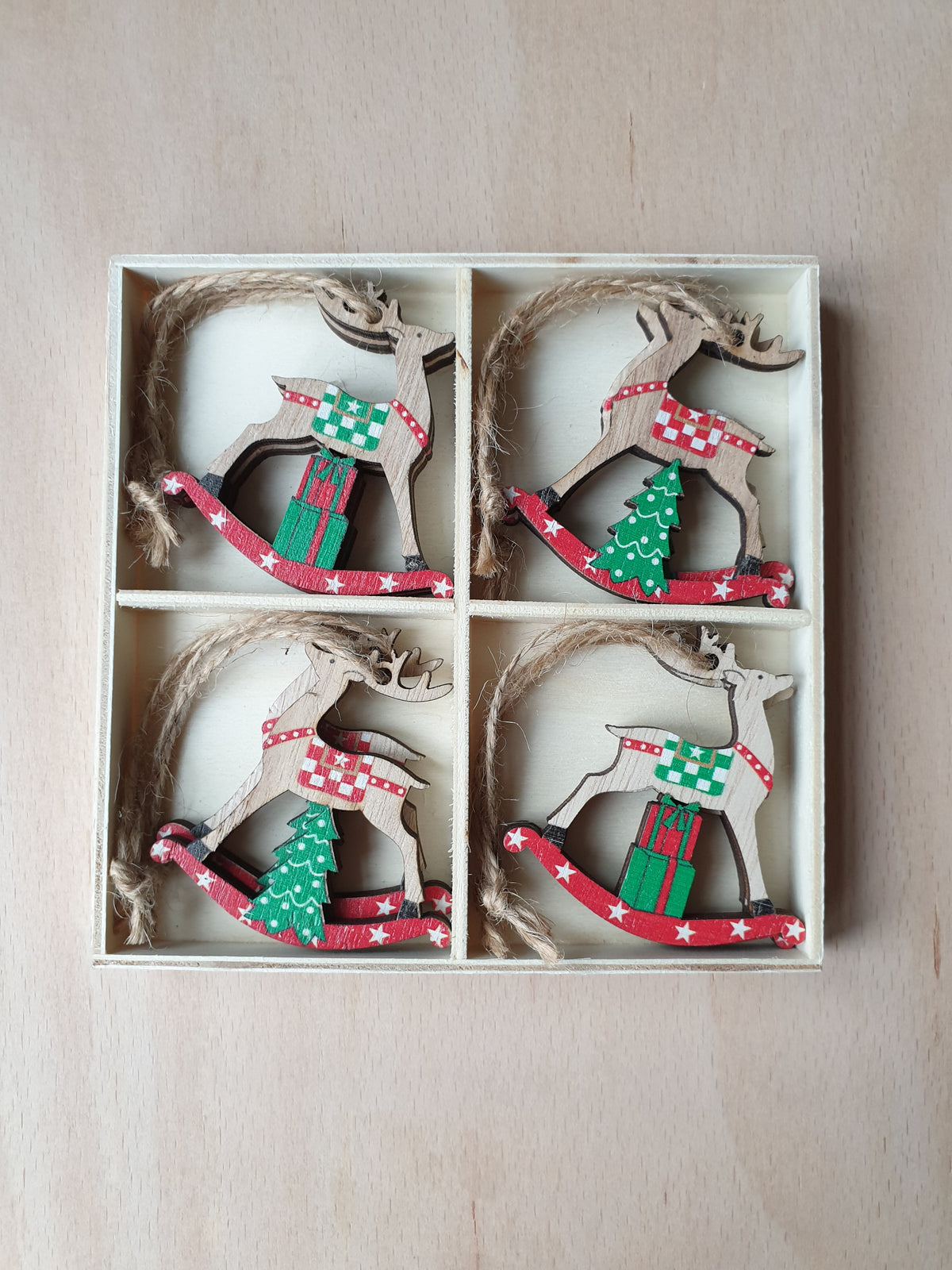 Box of 8 Wooden Christmas Rocking Horse's Hanging Christmas Ornament - Gisela Graham
