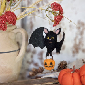 Flying Bat Holding Pumpkin - Hanging Ornament