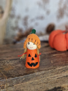 Little Wooden Girl Dressed as pumpkin - Hanging Decoration