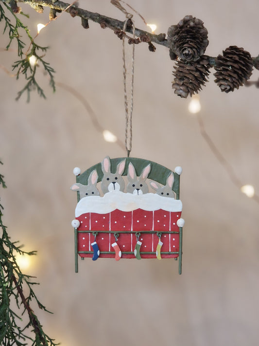 Waiting for Santa Bunnies in Bed Hanging Christmas Ornament