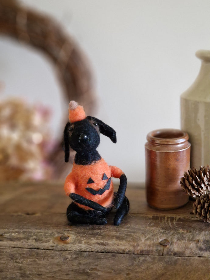 Black Wool Felted Dog Dressed in Pumpkin Outfit