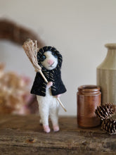 Load image into Gallery viewer, White Wool Felted Cat in Cape with Broom
