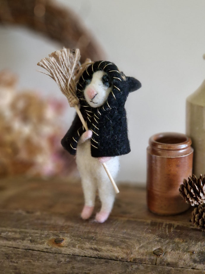 White Wool Felted Cat in Cape with Broom