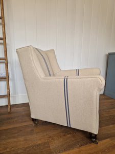 Antique Re-Upholstered Armchair Finished in Grain Sack Fabric