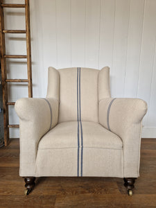 Antique Re-Upholstered Armchair Finished in Grain Sack Fabric