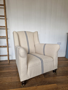 Antique Re-Upholstered Armchair Finished in Grain Sack Fabric