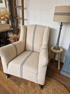 Antique Re-Upholstered Armchair Finished in Grain Sack Fabric