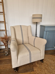 Antique Re-Upholstered Armchair Finished in Grain Sack Fabric