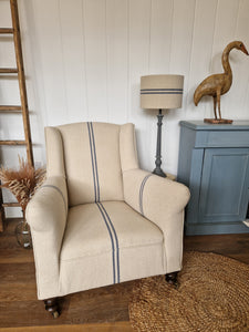 Antique Re-Upholstered Armchair Finished in Grain Sack Fabric