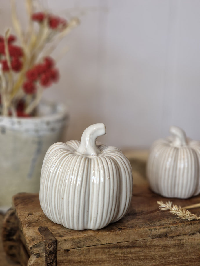 Ribbed Satin White Ceramic Pumpkins - Four Sizes