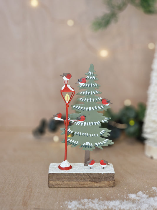 Robins on Lamp Post and Fur Tree Christmas Ornament