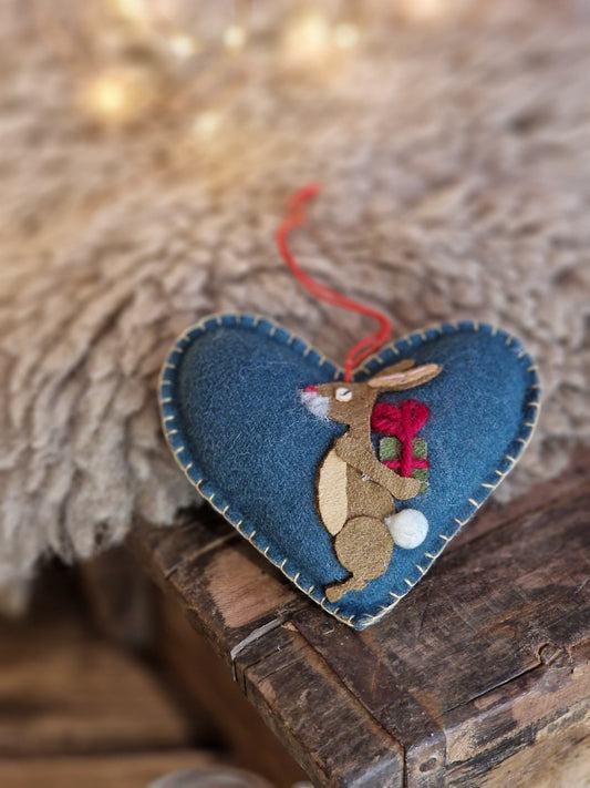 Felt Hare Heart Decoration with Pompom Tail