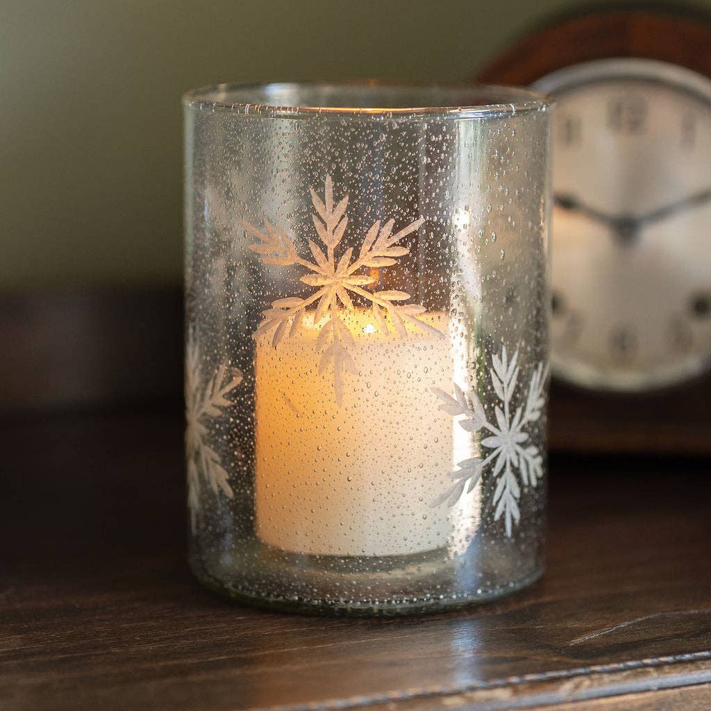 Etched Snowflake Glass Tealight Holder