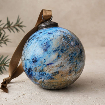 4" Vintage Marbled Glass Christmas Bauble – Blue & Gold