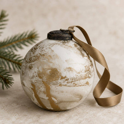 4" Vintage Marbled Glass Christmas Bauble – Ivory & Gold