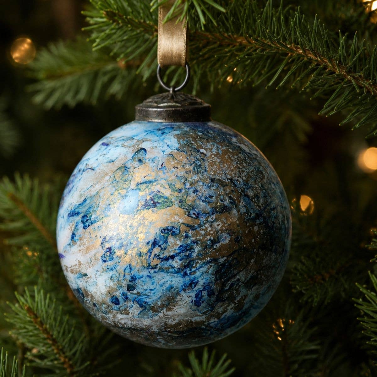4" Vintage Marbled Glass Christmas Bauble – Blue & Gold
