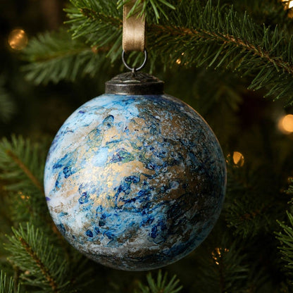 4" Vintage Marbled Glass Christmas Bauble – Blue & Gold