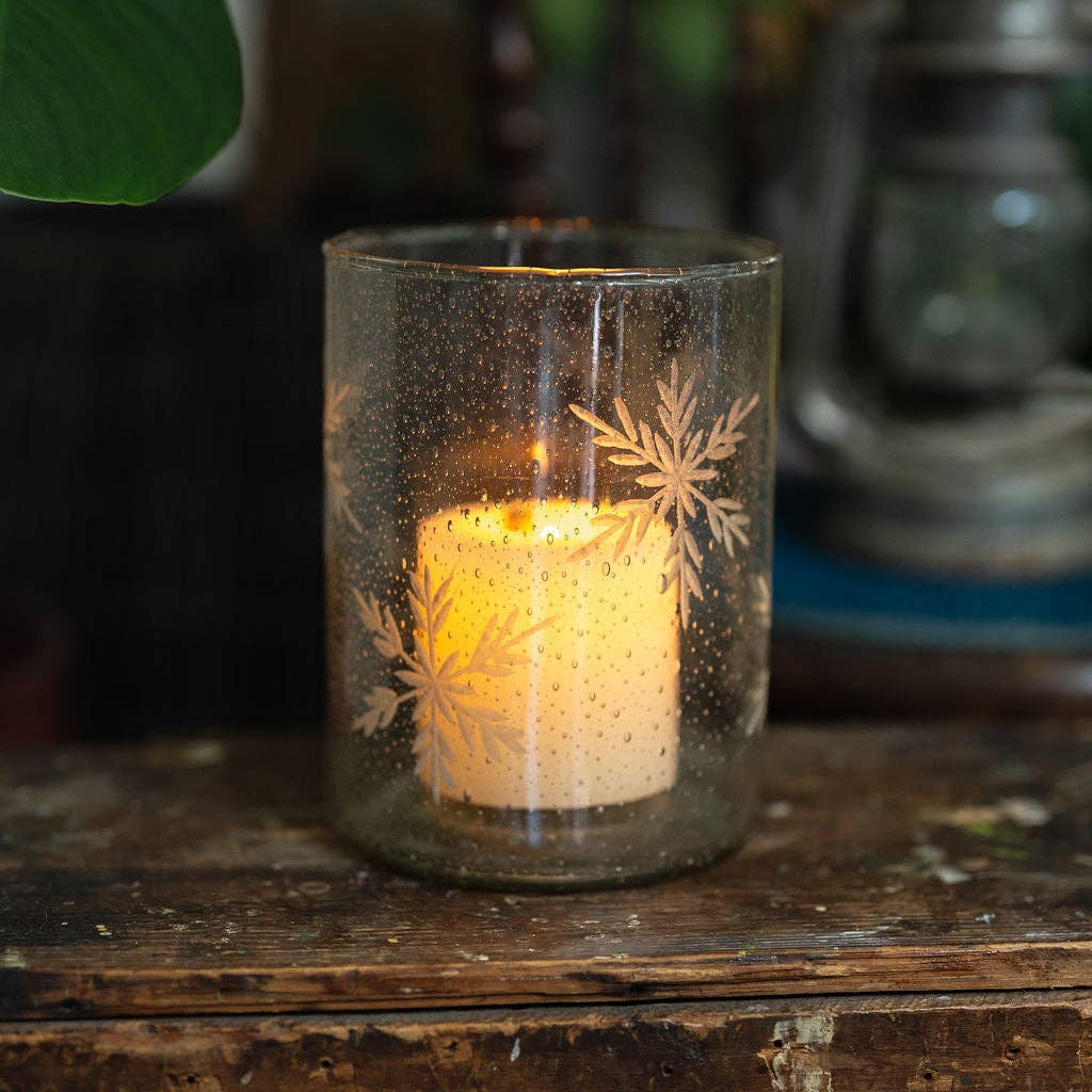 Etched Snowflake Glass Tealight Holder