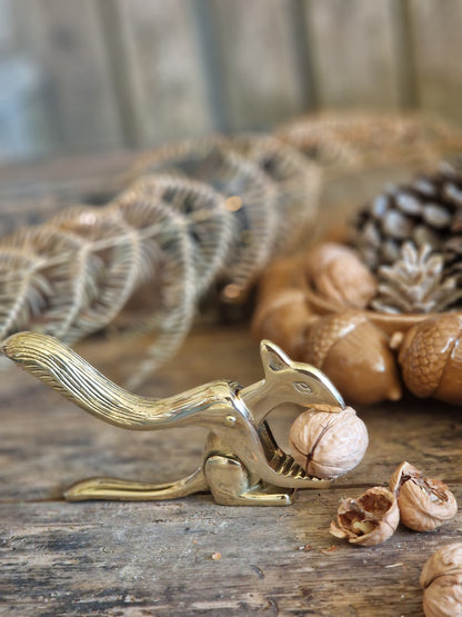 A brass squirrel nutcracker holding a walnut, displayed on a rustic wooden surface with walnuts, acorns, and pinecones in the background.