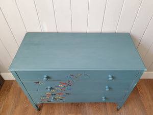 Painted Oak Chest of Drawers - Butterfly details