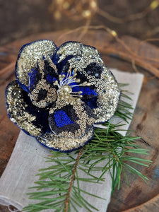 Blue Leopard Sequin Magnolia flower - with clip