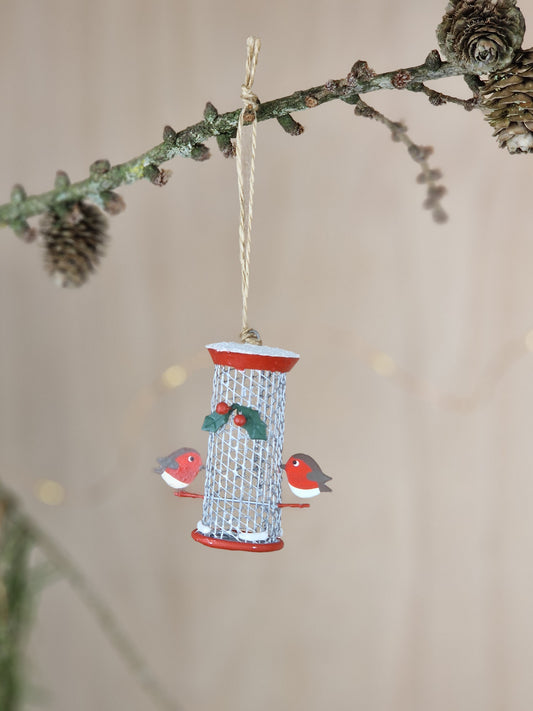 Robins on Bird Feeder Hanging Christmas Ornament