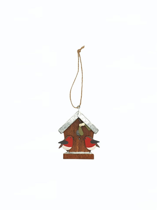 Robins on Birdhouse Christmas Ornament